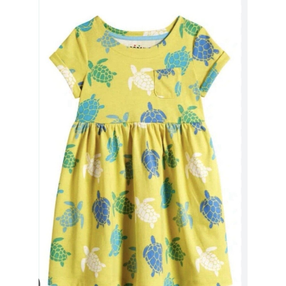 NWT Mini Boden Yellow Blue Green Turtle Print Dress sz 6-7 Years